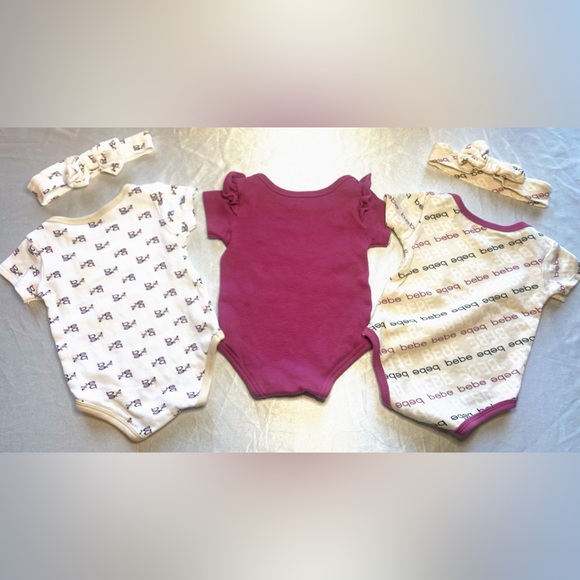 6-9mo Bebe Baby Bundle of 3 Onesies & 2 Matching Bow/Headbands - Picture 2 of 5